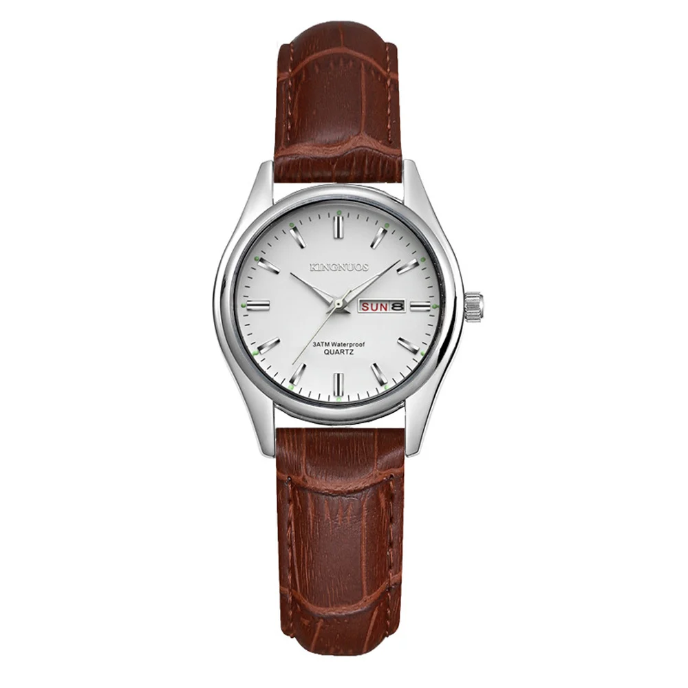 Women Brown White KINGNUOS брендовые модные роскошные часы-браслет из натуральной кожи для женщин, мужские часы с двойным временем, мужские часы, мужские часы - Цвет: Women Brown White