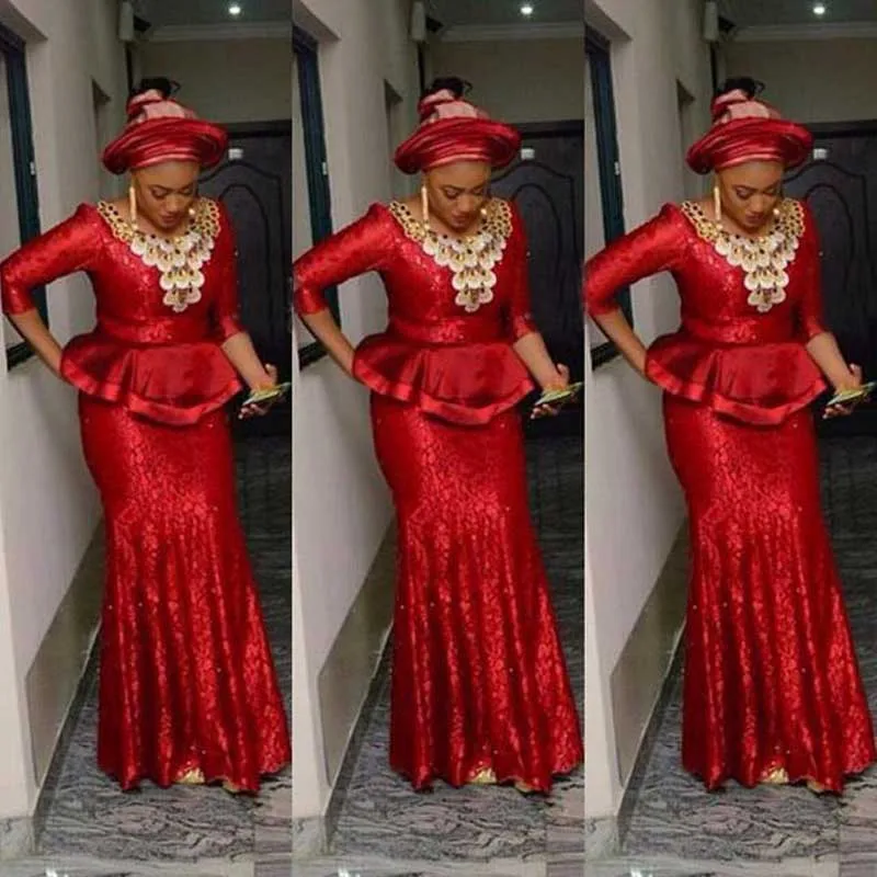 Красные кружевные женские платья Aso Ebi вечерние с длинным рукавом и юбкой годе 2019
