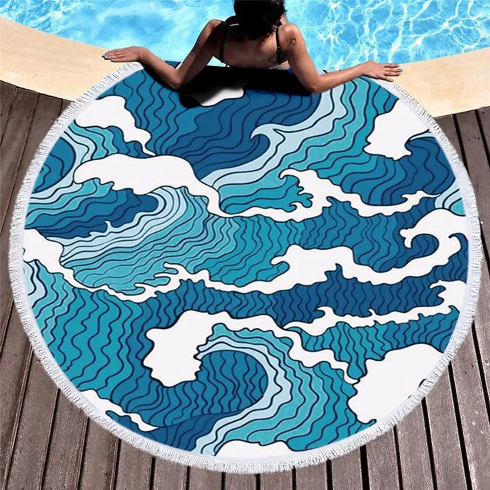 Круглый пляжное полотенце с кисточкой японские Знаменитые Картины большая волна