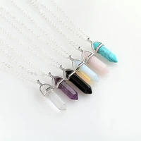 hexagonal column natural crystal tiger eye turquoises pendentif amethyste stone pendant chains necklace for women jewelry
