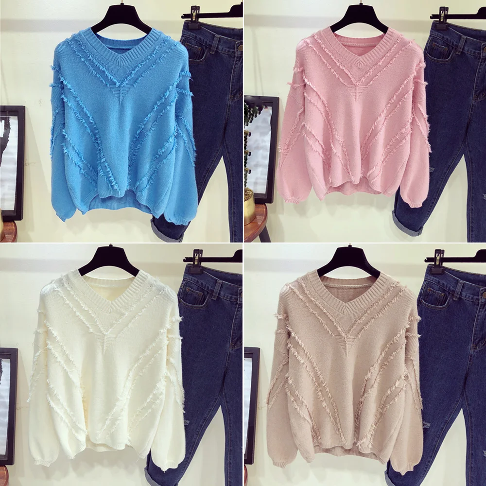 Joineles Autumn Winter Women Casual Sweaters 4 Solid Colors V Neck Long Sleeves Knitwear Pullovers Jumper Pull Femme Retro Tops | Женская