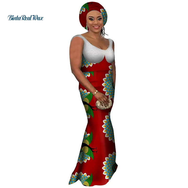 

New African Dresses for Women Bazin Riche Sleeveless Print Lace Long Evening Dresses Party Vestido Women African Clothing WY3588