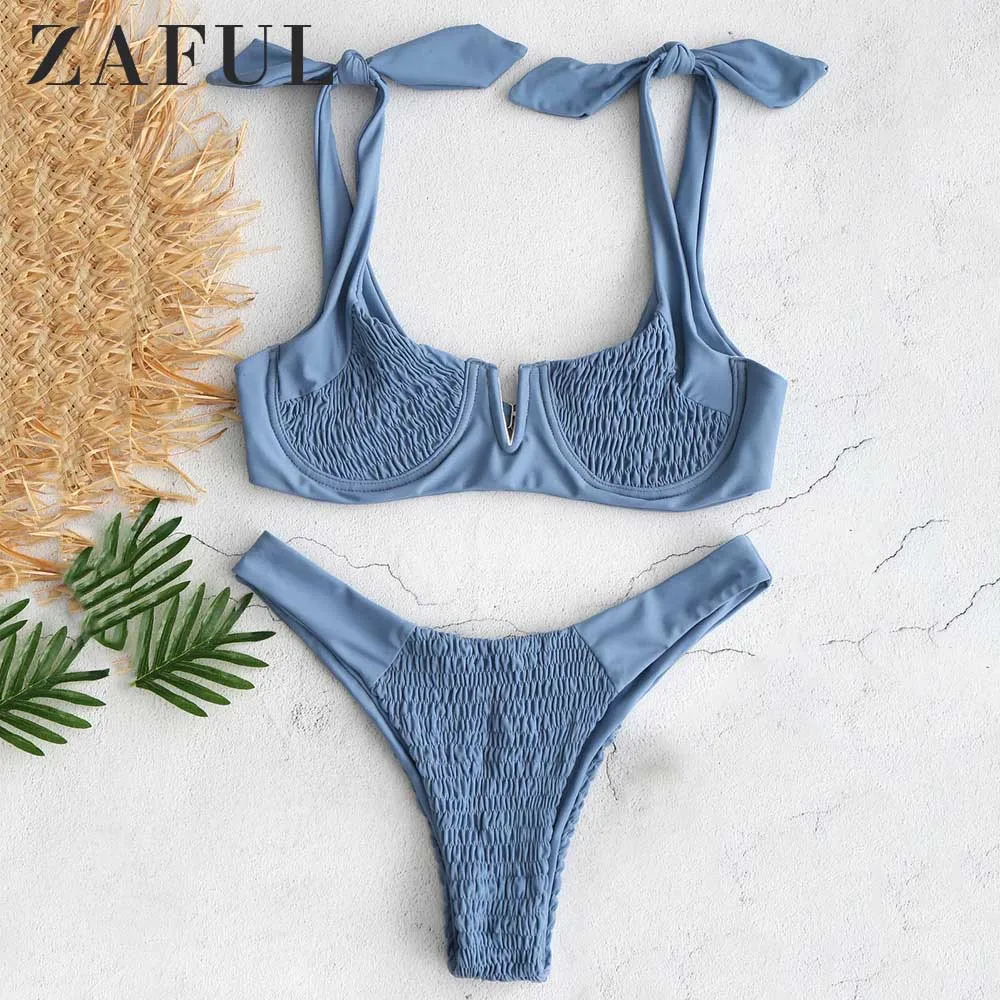 Женский купальник бикини ZAFUL однотонный купальный костюм на косточках с v