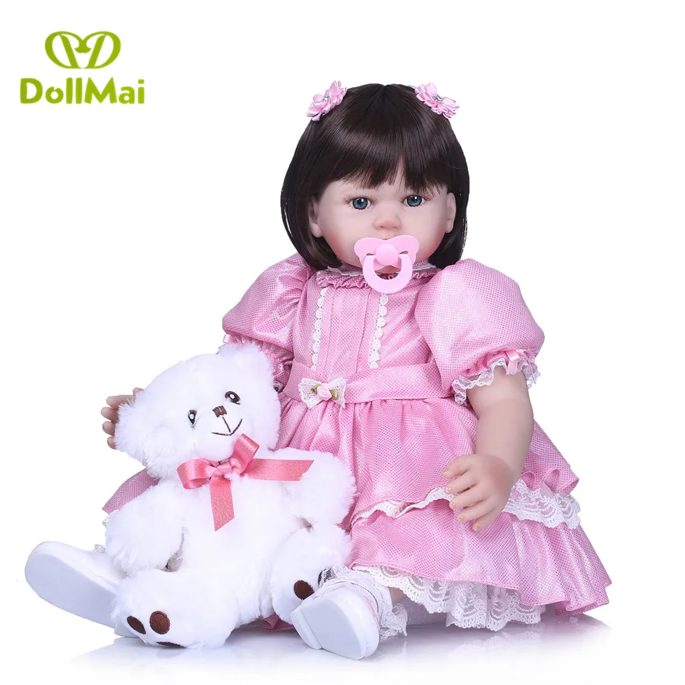 24'' 58cm Silicone Vinyl Reborn Baby Girl Realistic Alive Newborn Babies Doll Toddler For kids Xmas Gifts with bear | Игрушки и