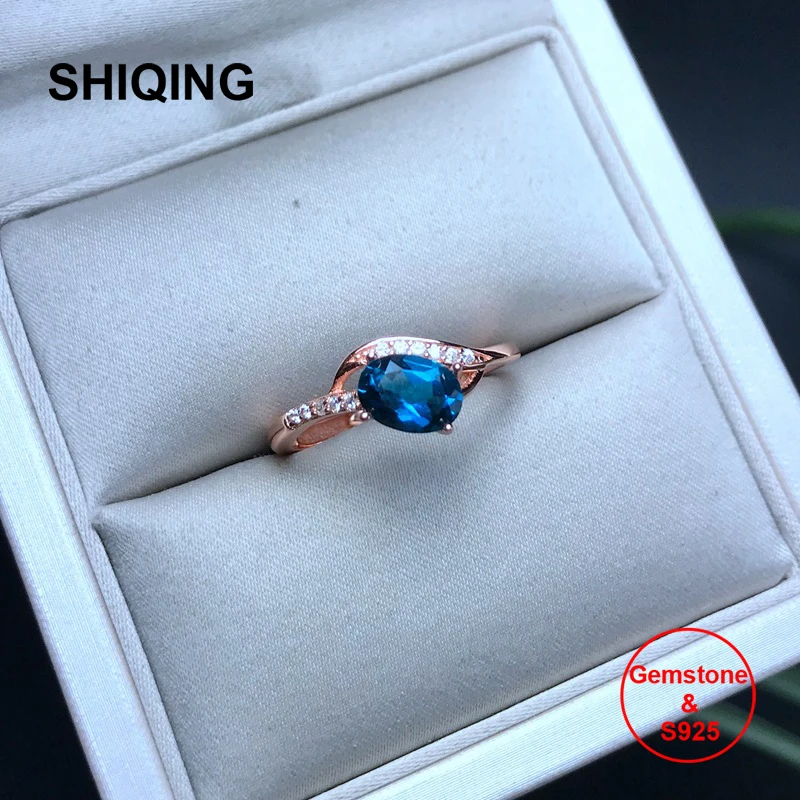 

SHIQING Nature blue topaz genuine semi gemstone 925 sterling silver fine jewelry leaf ring