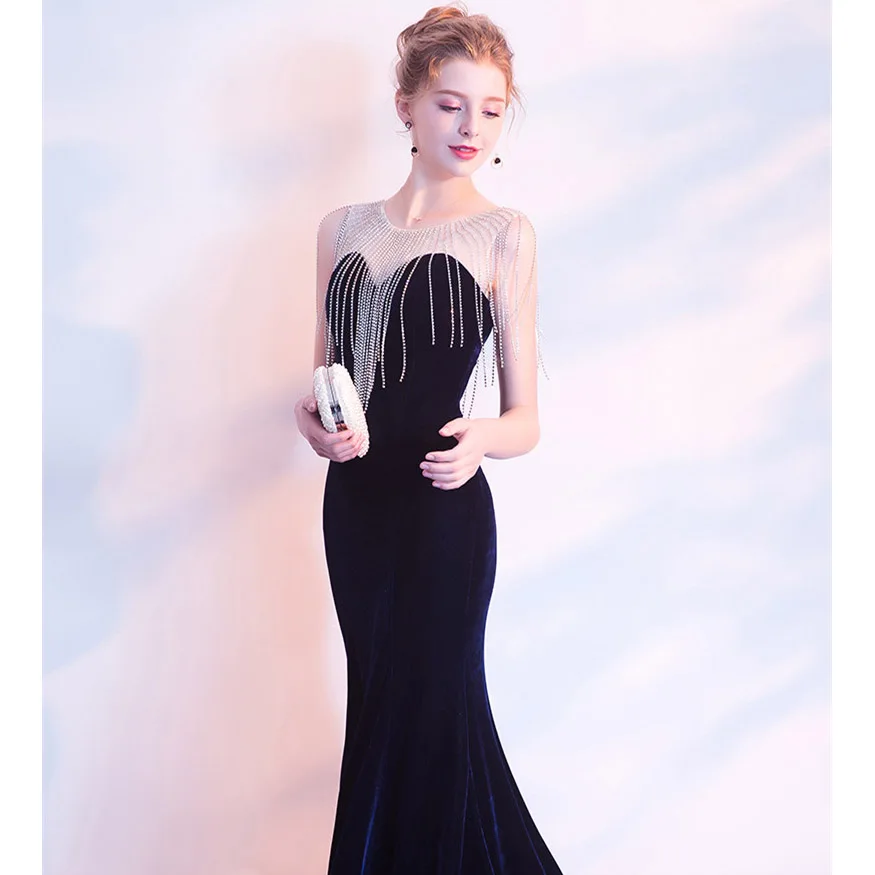 CEEWHY Navy Blue Velour Vestido de Festa Avondjurk Crystal Evening Dress Long Prom Formal Gowns Mermaid | Свадьбы и торжества