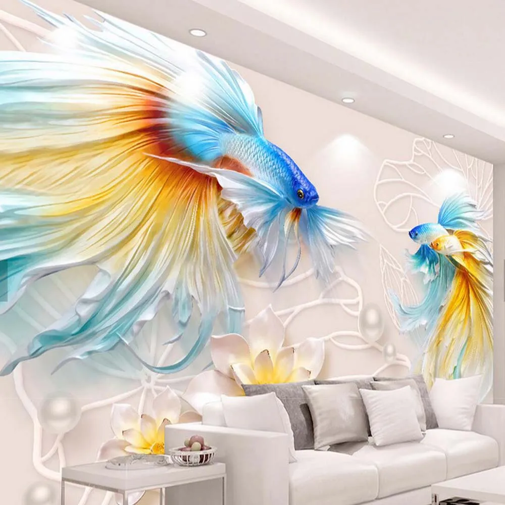 

3D тисненые рыбы, кувшинка, цветок, украшения, жемчуг, фотообои, фреска, диван, ТВ, фон, декор для стен, папье, обои