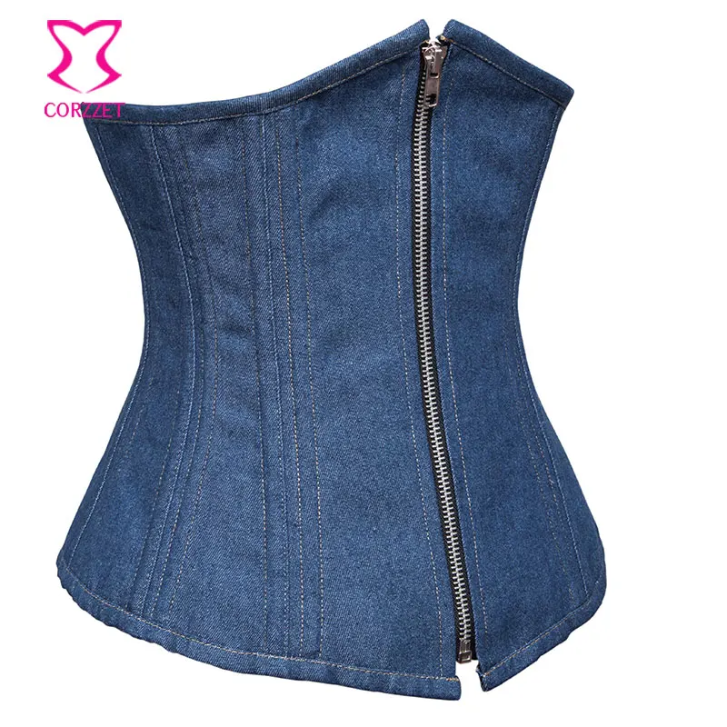 Женский корсет на молнии синий джинсовый косточках со стальными косточками