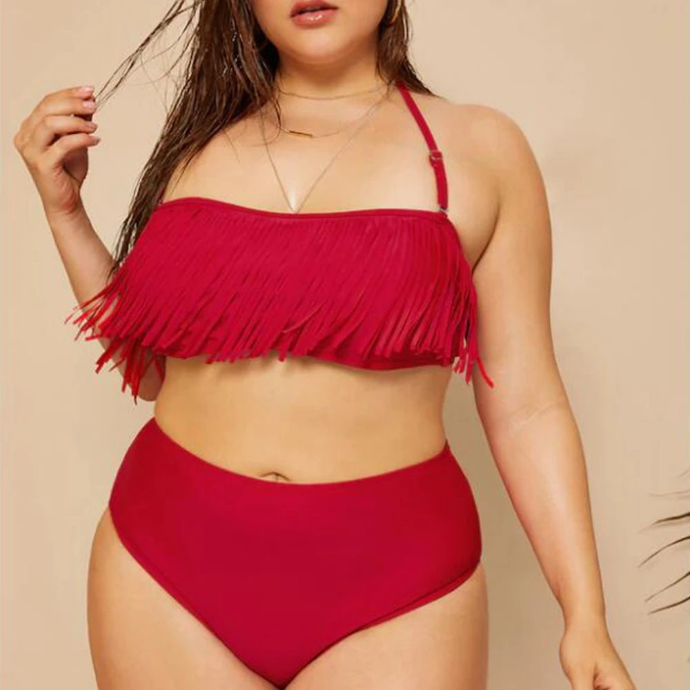 

Plus Size Tassels Bikini Halter Push Up Swimsuit Women Ruffle Swimwear Large Size Bathin Suit High Waisted Bikini Woman 2019
