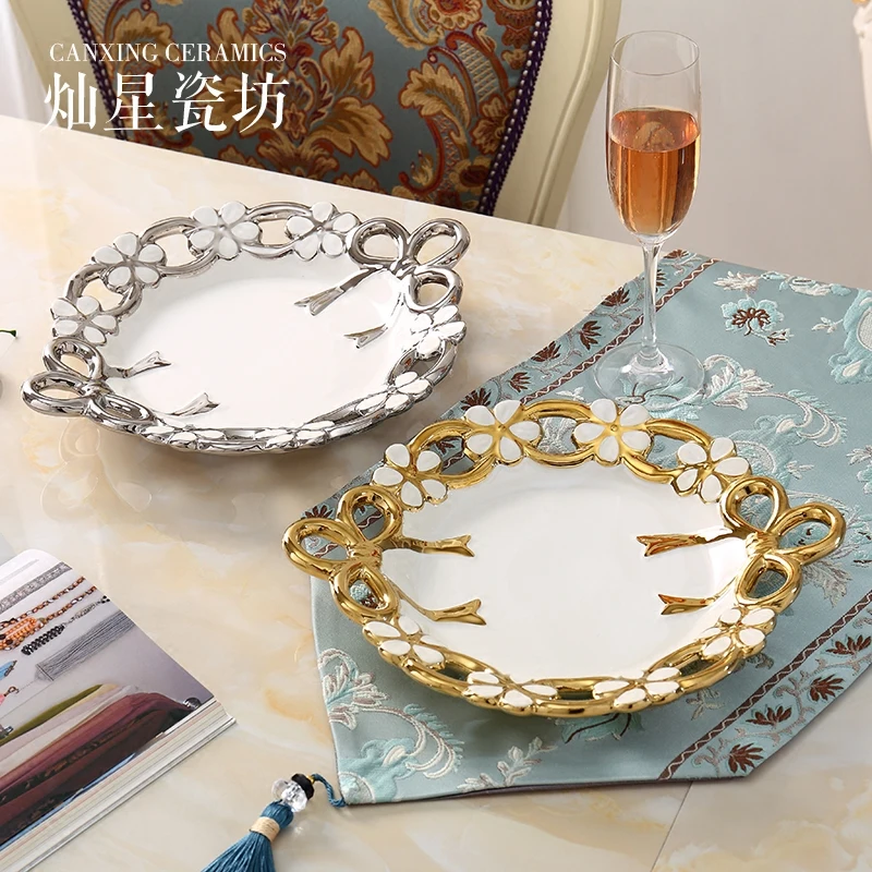 Европейский круглый позолоченный поднос для снэков еды Сервировочная керамика