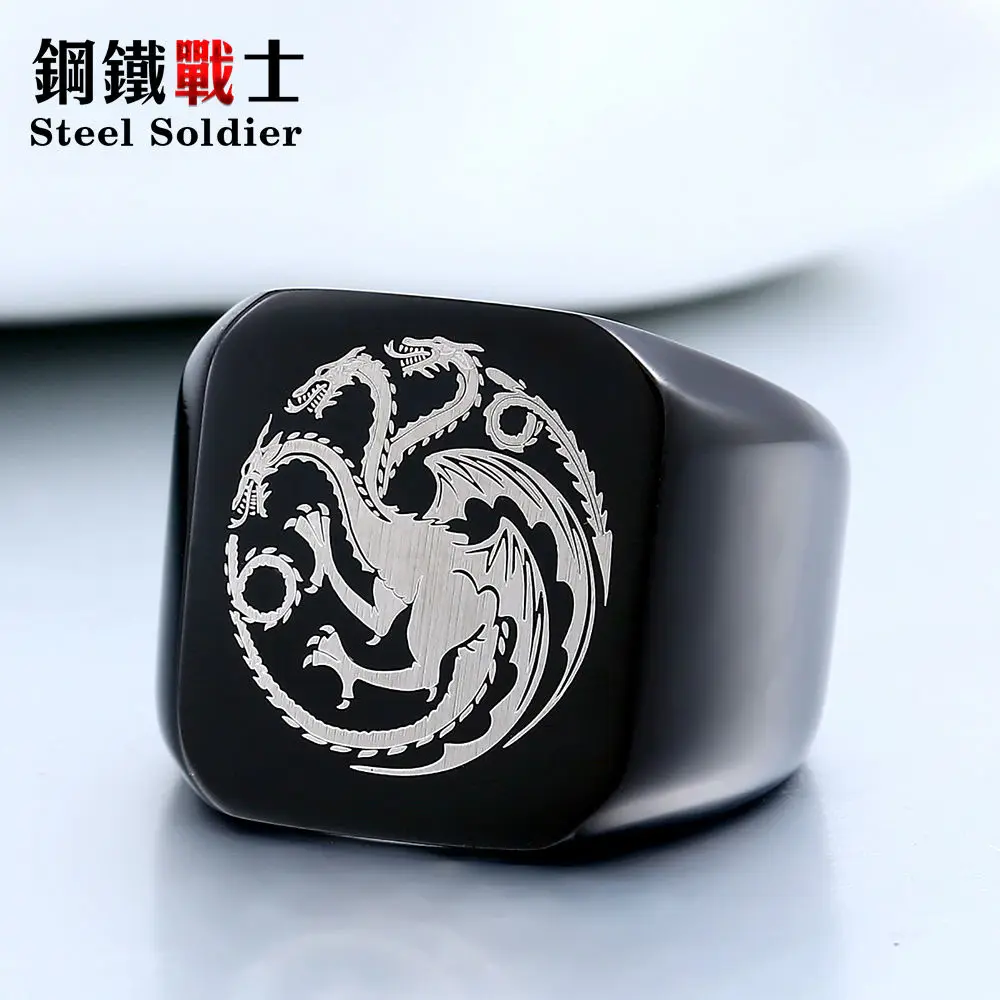 black dragon Стальной солдат, нержавеющая сталь, для мужчин, кино стиль, Игра престолов, модное популярное кольцо, ледяной волк, мужские титановые стальные ювелирные изделия - Цвет основного камня: black dragon