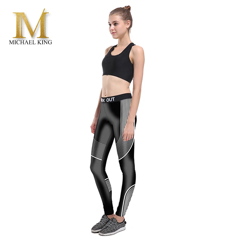 Майкл король среднего талии тонкий с принтом Черные Леггинсы тренировки фитнес