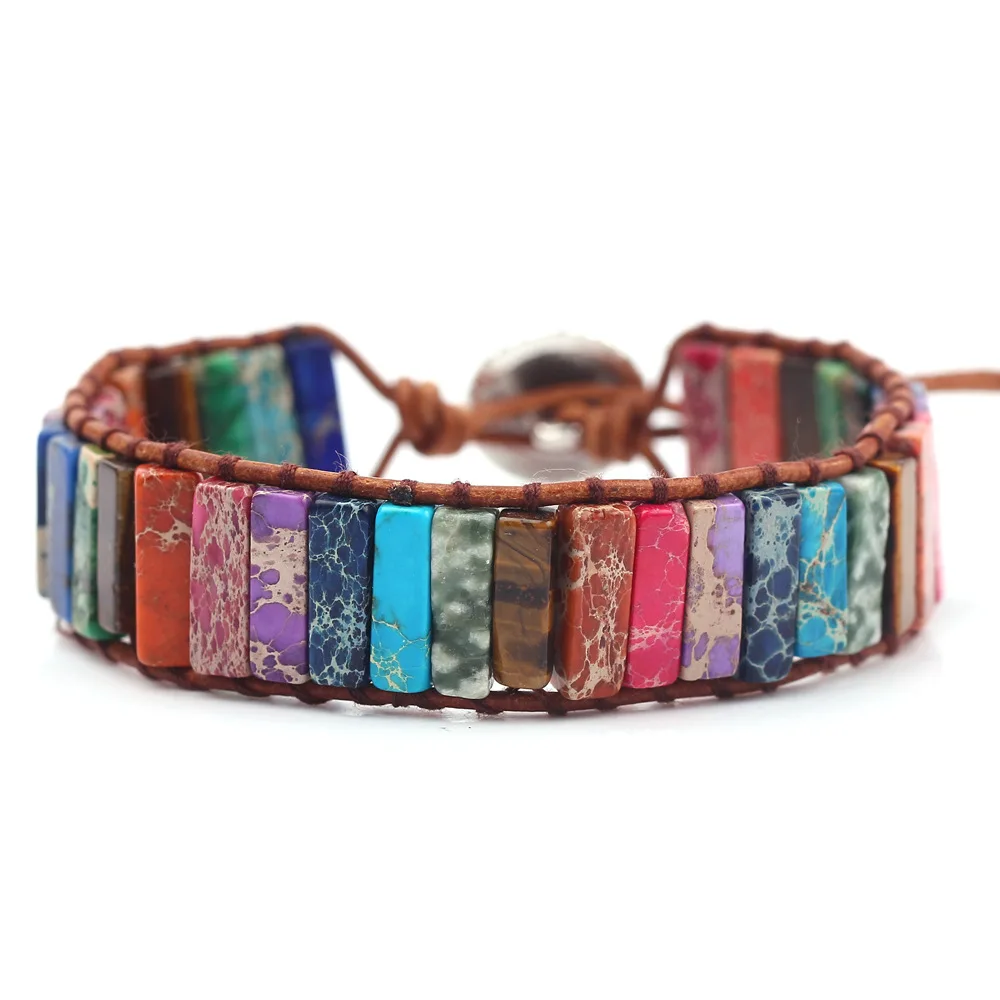 Смесь природных камней бусины слои кожаный браслет винтажный на пуговицах с