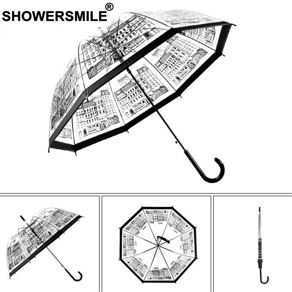 Прозрачный зонтик SHOWERSMILE в британском стиле Apollo женский с длинной ручкой и усами