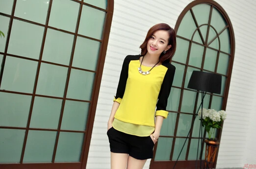 New 2015 Spring Summer Fashion Sweet O-Neck Splice big size chiffon blouse women |