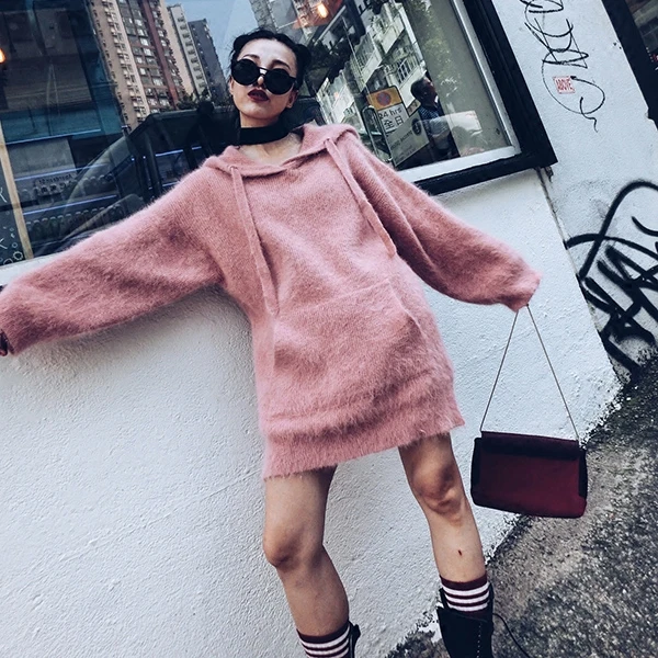 2019 Women Mink Cashmere Sweater With Pocket Pullover Hooded Knitted Jumper Coat Angola fluffy sweaters Free Shipping Z455 | Женская