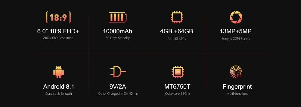 10000 мАч большая батарея Oukitel K7 6,0 дюймов 18:9 Android 8,1 MT6750T Восьмиядерный 4 Гб ОЗУ 64 Гб ПЗУ 13 МП+ 5 МП 4G отпечаток пальца смартфон