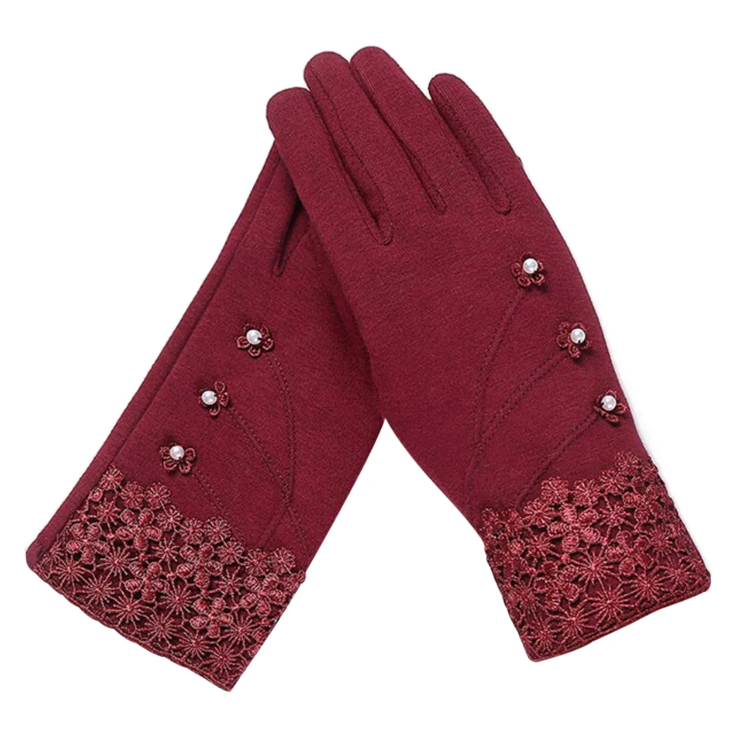 Winter Women Warm Gloves Lace Floral Cashmere Bow Full Finger Mittens Wrist Guantes Lady Hand Protector Accessories | Аксессуары для