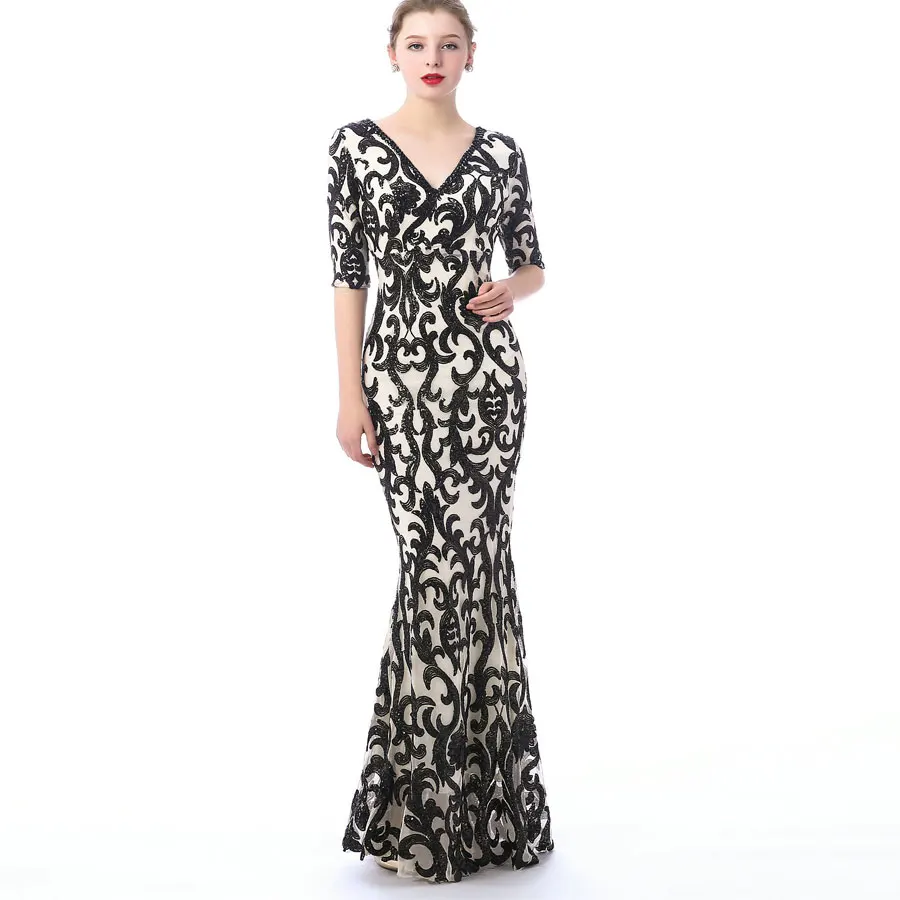 Вечернее платье Черное V-cou Прозрачное с пайетками Partie Formelle Robe Moitie Manches Perles Sexy robes de