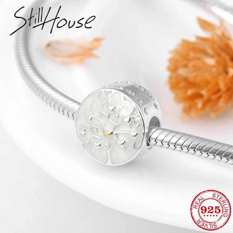 White Enamel Beautiful Pure Tree of life 925 Sterling Silver Metal Beads Fit Original Pandora Bracelet Making Bangles Jewelry | Украшения и