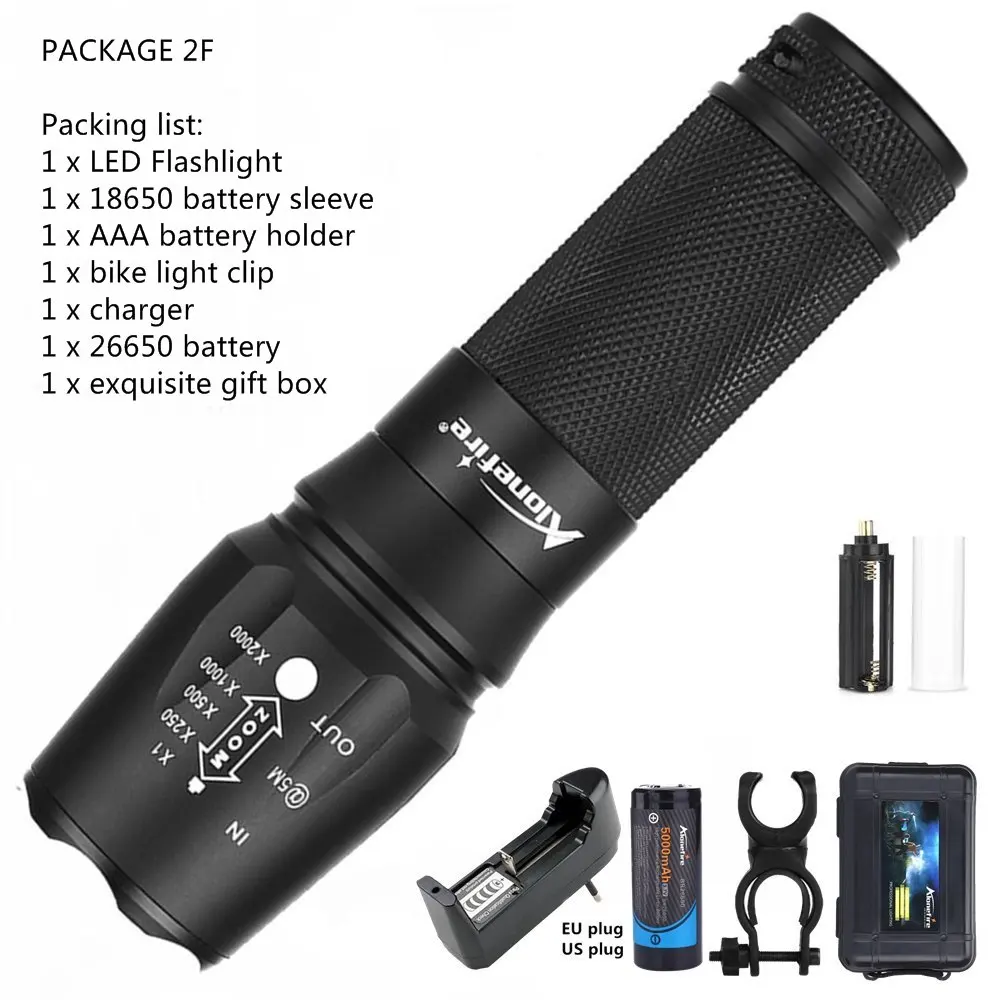 PACKAGE 2F AloneFire X800 светодиодный тактический вспышки светильник CREE XML T6 L2 U3 светодиодный зум прожектор светильник поход фонарь лампа AAA 26650 Перезаряжаемые Батарея - Испускаемый цвет: PACKAGE 2F