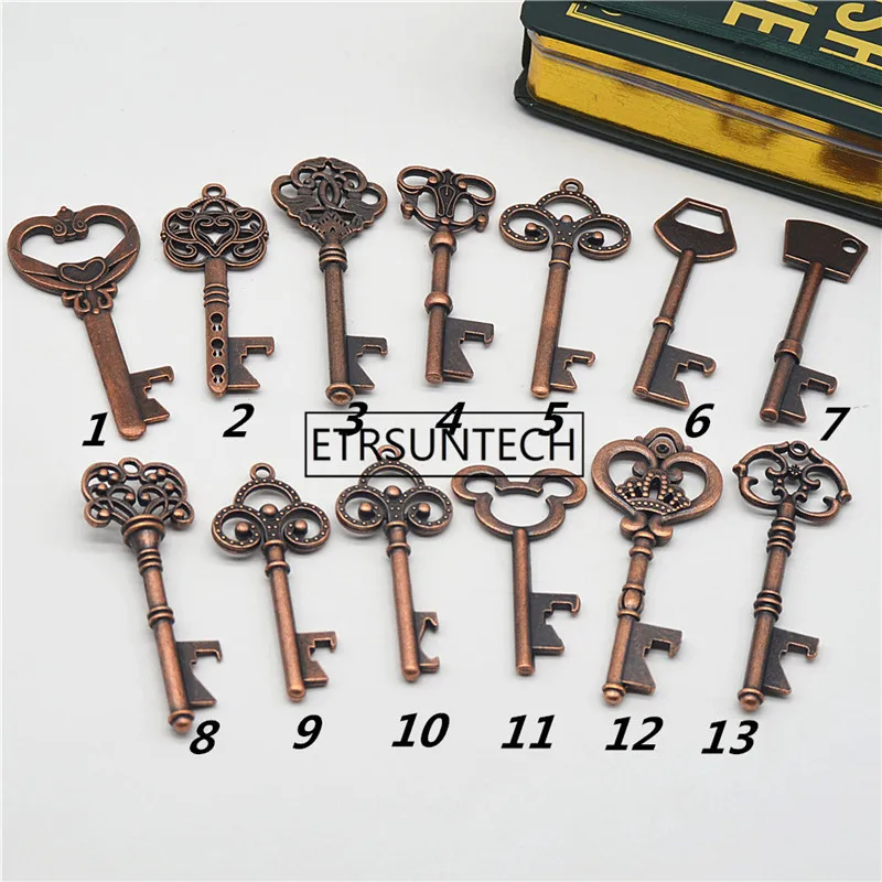 

300pcs/lot 13 Styles Antique Bronze Metal Skeleton Key Shaped Bottle Opener Rustic Wedding Decor Party Favor Factory wholesale