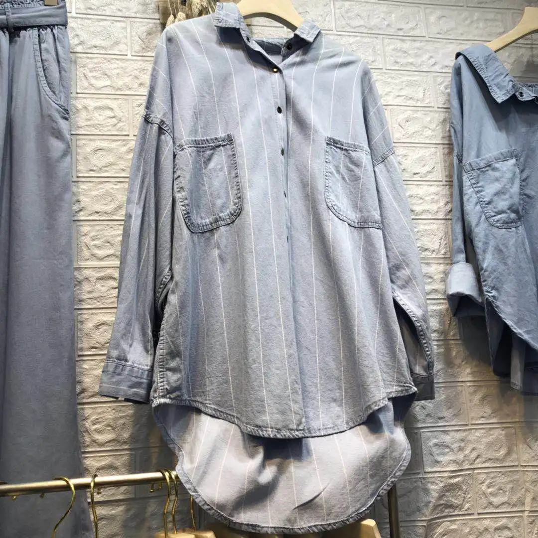 Распродажа, обычная Корейская блузка, Blusa, женская новая рубашка, простая, с отворотом, однобортная, с двойным карманом, спереди, в полоску, женская одежда