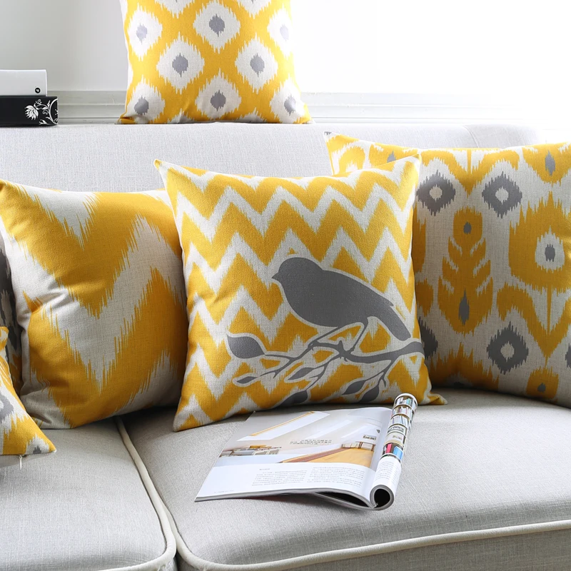 Льняная наволочка для подушки декоративная абстрактная Геометрическая желтая и