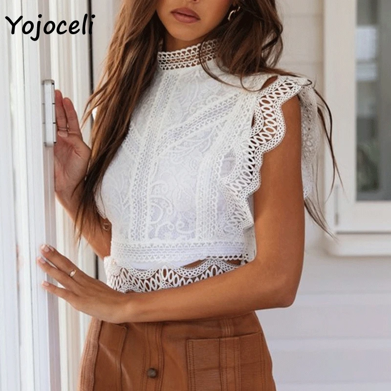 Женская кружевная блузка Yojoceli вечерние ажурные блузки для клуба повседневные