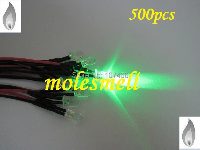 Free shipping 500pcs 5mm green Flicker 12V Pre-Wired Water Clear LED Leds Candle green Light 20CM