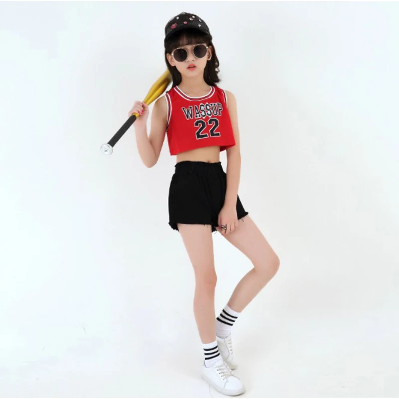KTLPARTY Дети Девочка red WASSUP хип хоп костюм футболка черные белые брюки Современный