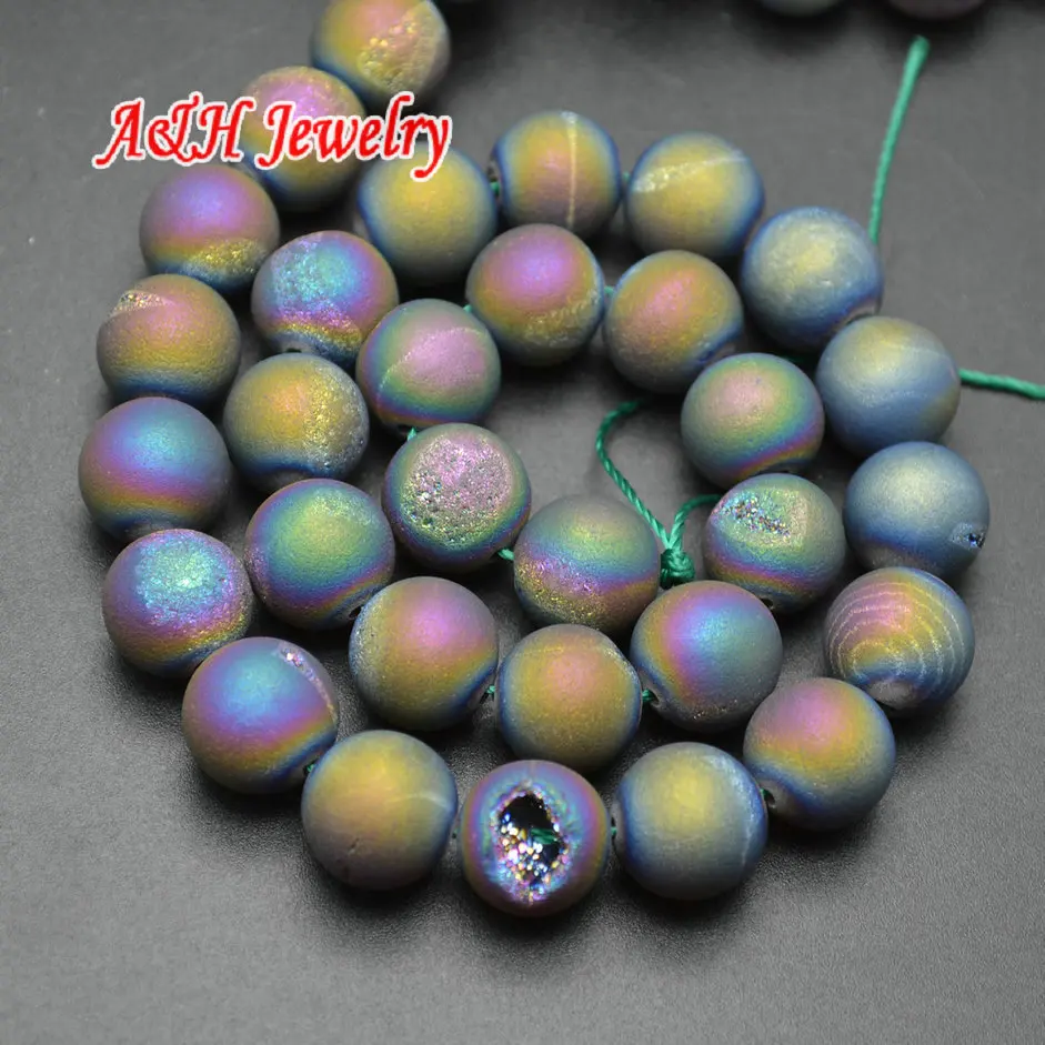 

5pcs Rainbow Color Plated Natural Dursy Stone Round Beads 8~12mm DIY Jewelry Making Materials