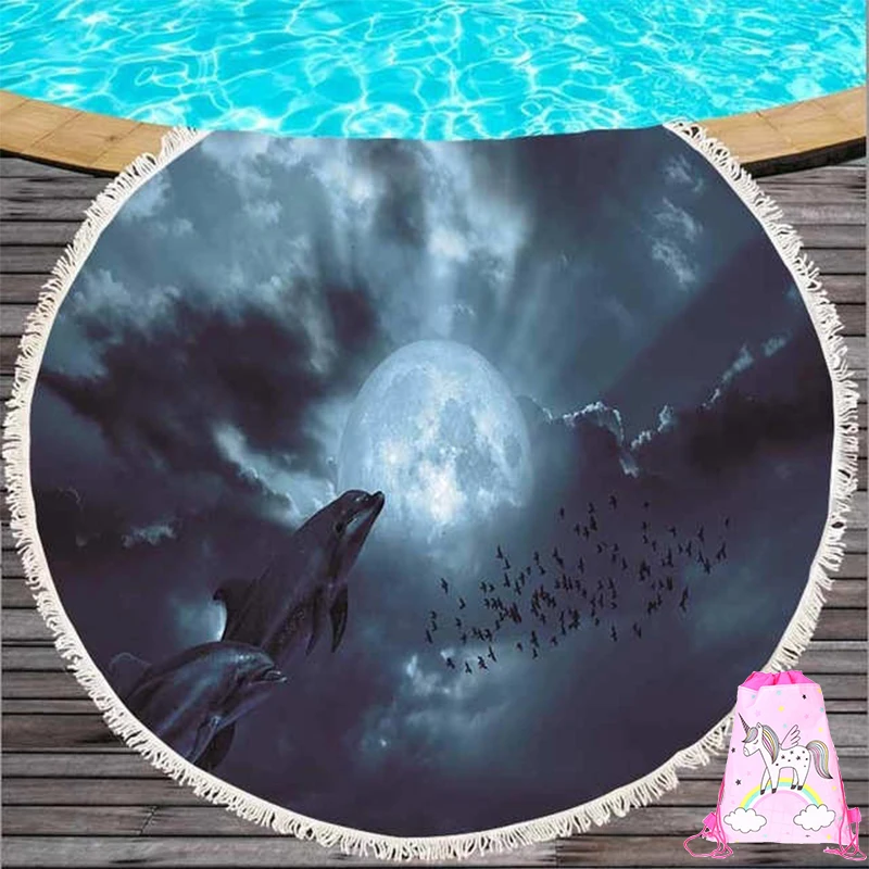 Круглое пляжное полотенце Дельфин кисточки из микрофибры для гостиной дома