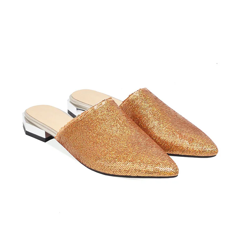 WETKISS Sequined Slippers Women Pointed Toe Footwear Slides Bling Shoes Female Low Heels Mules Woman Summer Plus Size 48 | Обувь