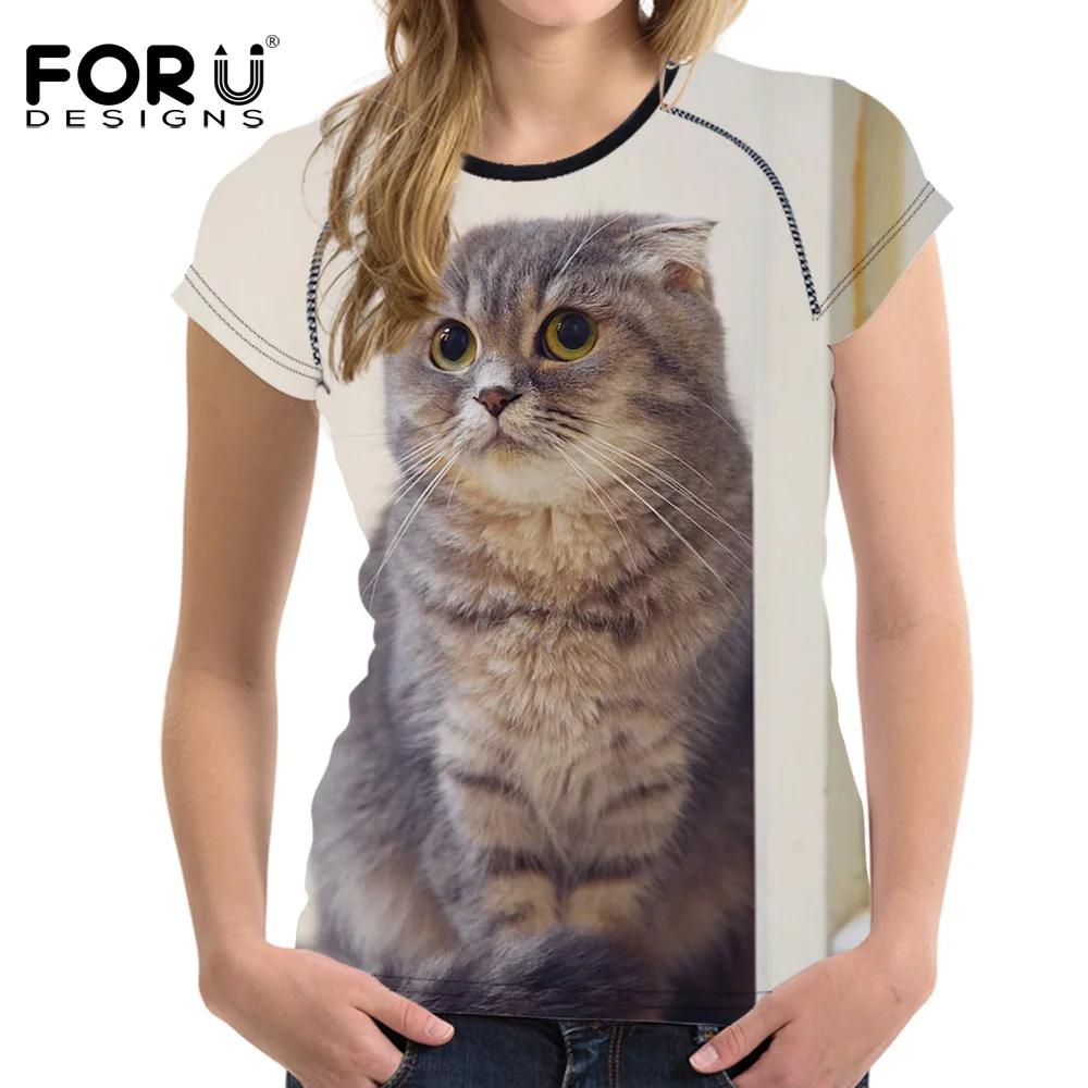 FORUDESIGNS/крутая 3D футболка с шотландским принтом кота женская модная укороченный