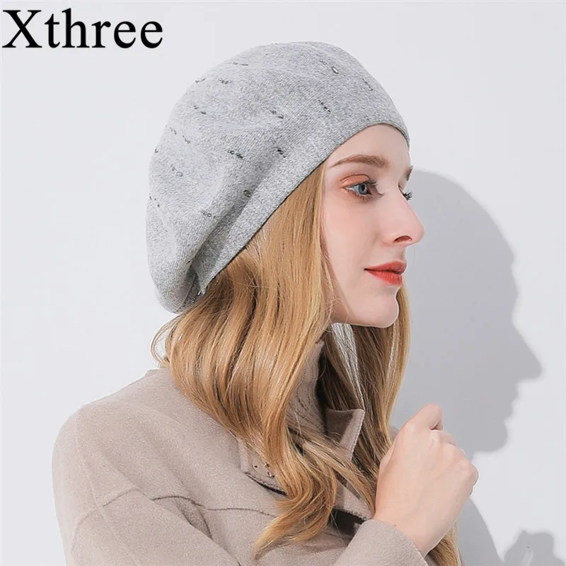 Xthree зимняя женская шапка, кашемировый берет, стразы вязаный берет, шапка для девушек, модная женская шапка