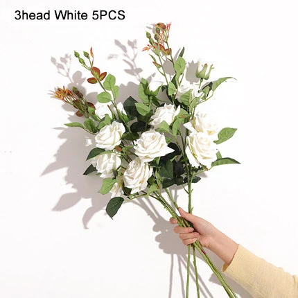5pcs white 5 шт., 3 головки, красная роза, искусственный цветок, букет, розовый, белый, шампань, розы, весенний Декор для дома, свадебные, вечерние, декор для стола, цветы - Цвет: 5pcs white