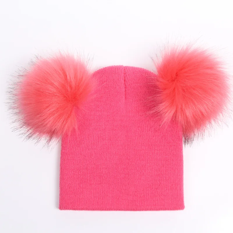 New Autumn Winter Crochet Children Hats Fur Pom Pom Ball Hat Kids Knit Beanie Hats Girl Boy Wool Cap Baby Toddler Beanies Caps - Цвет: rose