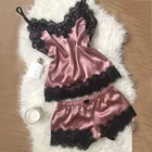 Женский пижамный комплект, домашний костюм, топ и шорты, Сексуальная атласная кружевная Пижама без рукавов с V-образным вырезом, домашняя одежда для женщин 2021