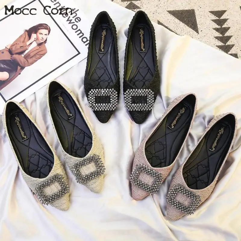 Women Rhinestone Buckle Flat Shoes Bling Glitter Crystal Loafers Slip On Pointed Toe Flats Casual Ladies Ballet Ballerina | Обувь