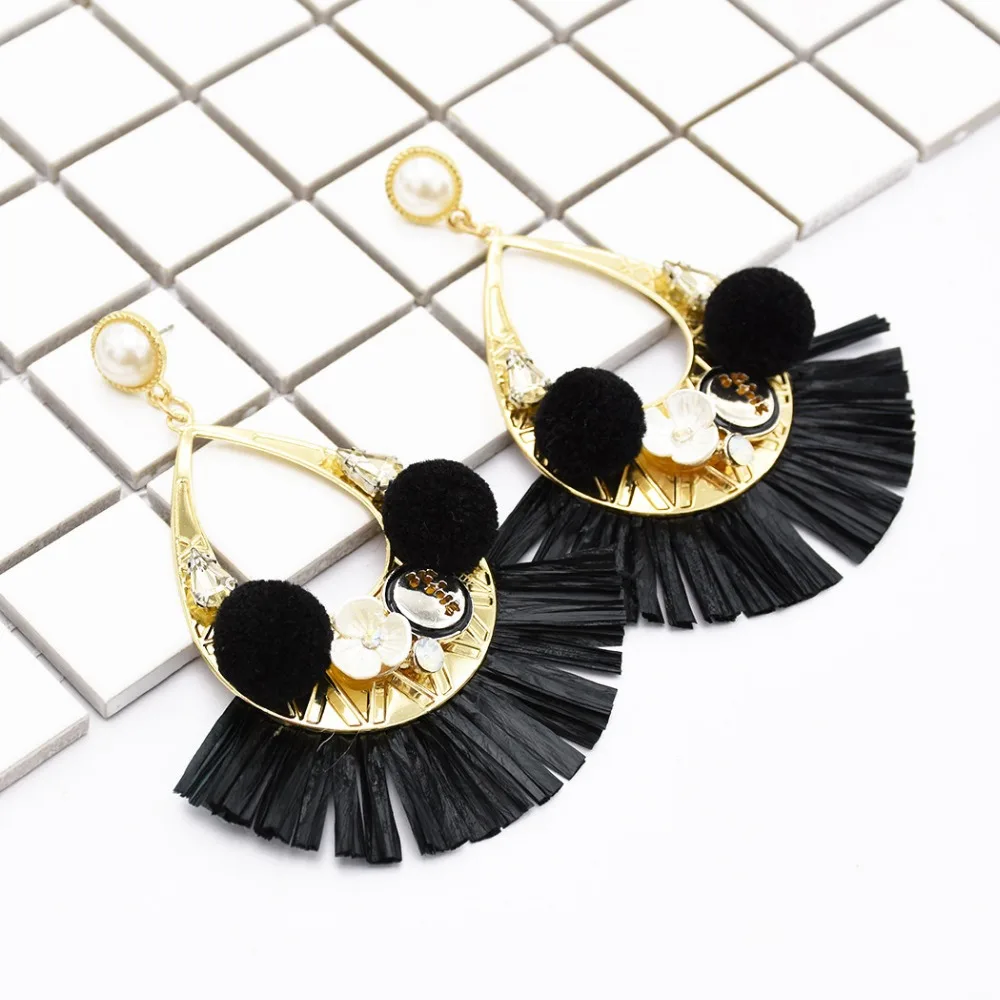 6 Colors Cute Flower Shape Pom Ball Raffia Drop Earrings Unique Plastic Tassel Dangle Women Party Fashion Jewelry | Украшения и
