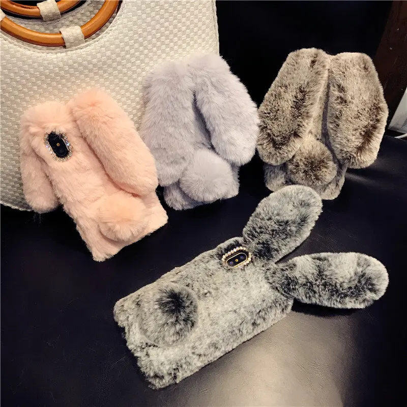 3D Cute Rabbit Hairy Warm Fur Bling Rhinestone Bunny Cover Case For iPhone X XR XS Max 10 4 5 5S SE 6 6S 7 8 Plus Soft Shell Hot |