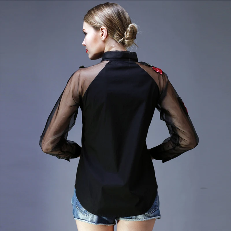 2017 Весна 3D вышивка цветок женская рубашка сексуальная Перспектива органза сетка