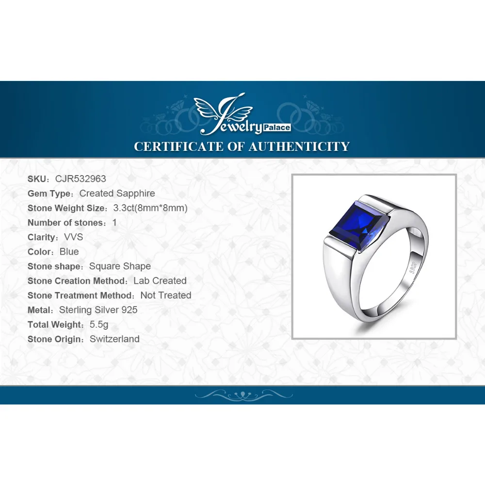 JewPalace 3.3ct Created Sapphire Ring 925 Sterling Silver Rings for men Wedding Gemstones Jewelry Fine | Украшения и аксессуары