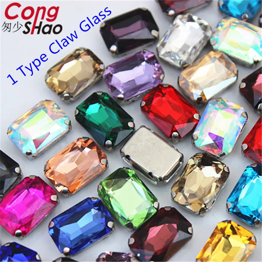 Cong Shao Rectangle Colorful Sew On Rhinestones Stainless steel Claw Glass Crystals Sew On Claw Stones For Wedding Dress WC1004