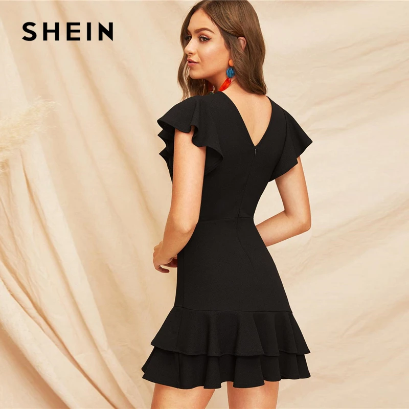 SHEIN элегантное черное с v-образным вырезом на спине многослойное платье с рюшами и рукавами-крылышками для летней вечеринки женское однотонное приталенное и расклешенное ТРАПЕЦИЕВИДНОЕ шикарные платья