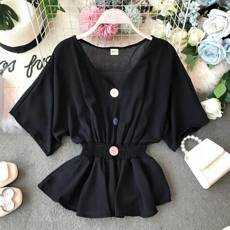 Женская однотонная шифоновая блузка с оборками приталенная рубашка v-образным