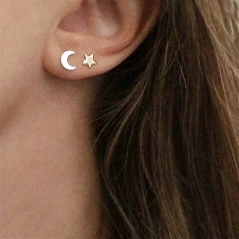 Pendientes Mujer Moda 2018 серьги в форме Луны звезда золото серебро женские милые маленькие
