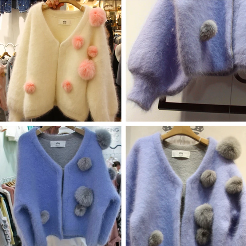 

Furry Christmas Sweater Women 2021 Cardigans and Knitwear 3D Cute Fur Plush Balls Womens Fur Jacket Winter Cardigan Feminino