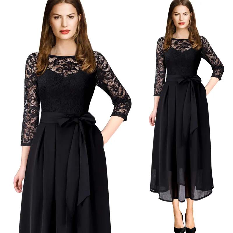Black Lace Женский vfemage Элегантный Винтаж печати Карманы поясом офис бизнес повседневное вечерние партии Fit and Flare чай трапециевидной формы миди платье 1752 - Цвет: Black Lace